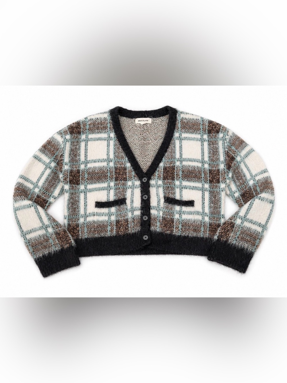 Stitch & Pine Fuzzy Plaid Cropped Cardigan Sweater | Eyelash Knit | Size M